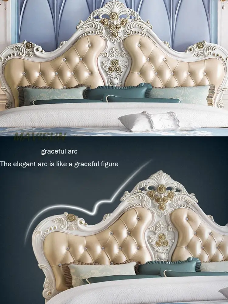 Champagne Gold Light Luxury European Double Bed Classic Wedding Bed High Quality Leather Solid Wood Frame Furniture For Bedroom
