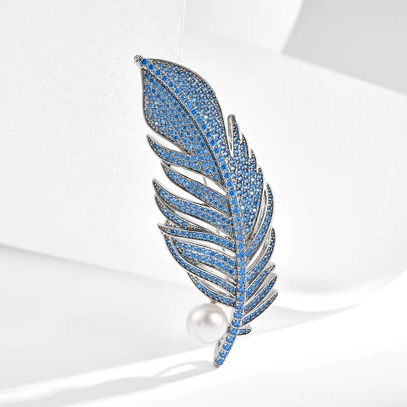 Elegant Fashion Blue Zirconium Freshwater Pearl Feather Brooches Ladies Temperament Corsage Coat Sweater Accessories Pin Broches