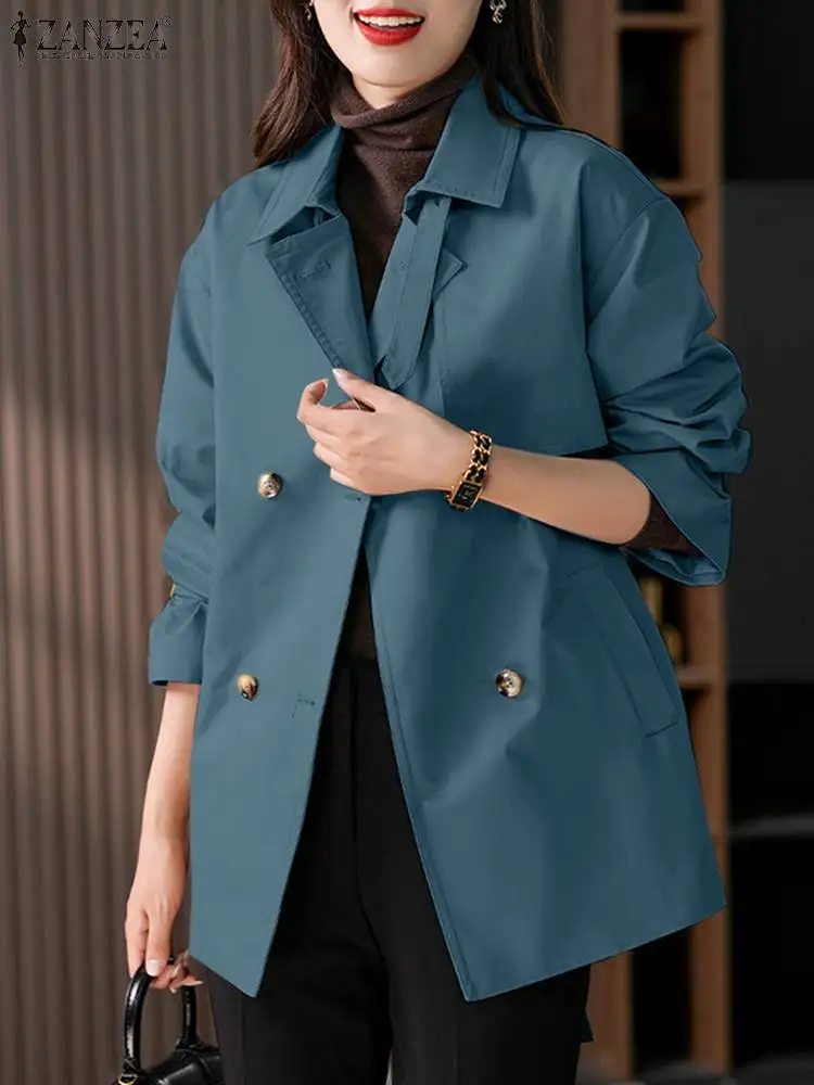 

Модные женские куртки ZANZEA, осенние пальто с длинным рукавом и воротником с лацканами, элегантная офисная верхняя одежда, повседневный свободный Тренч, Женская шикарная куртка