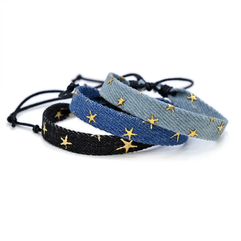 Vintage Star Pattern Denim Fabric Bracelet Handwoven Wrist Strap Jewelry for Women Men