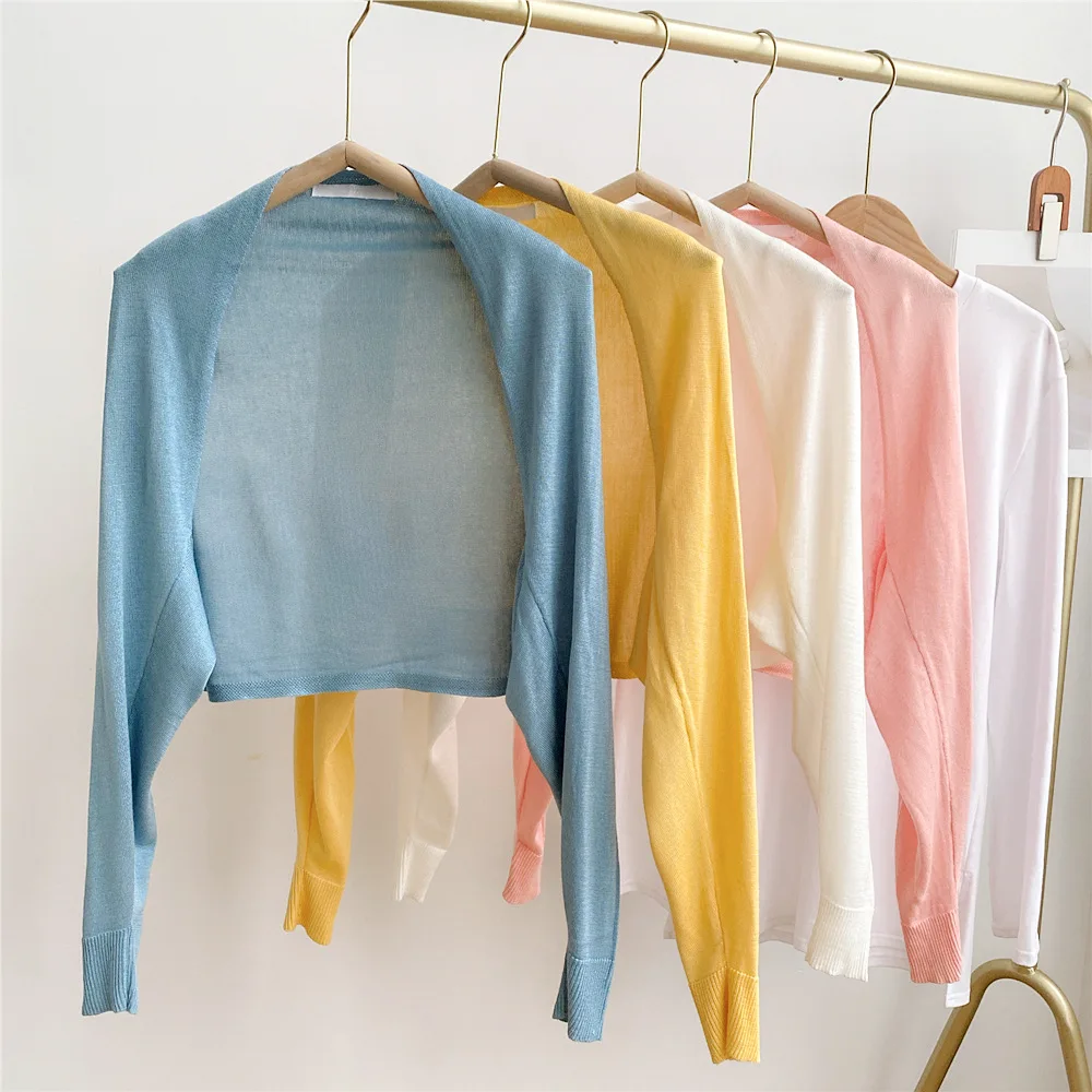 

Women's Summer Knitted Solid Color Sunscreen Shoulder Clothing Casual Breathable Long-sleeved Shawl Shirt All-match Jacket Thin