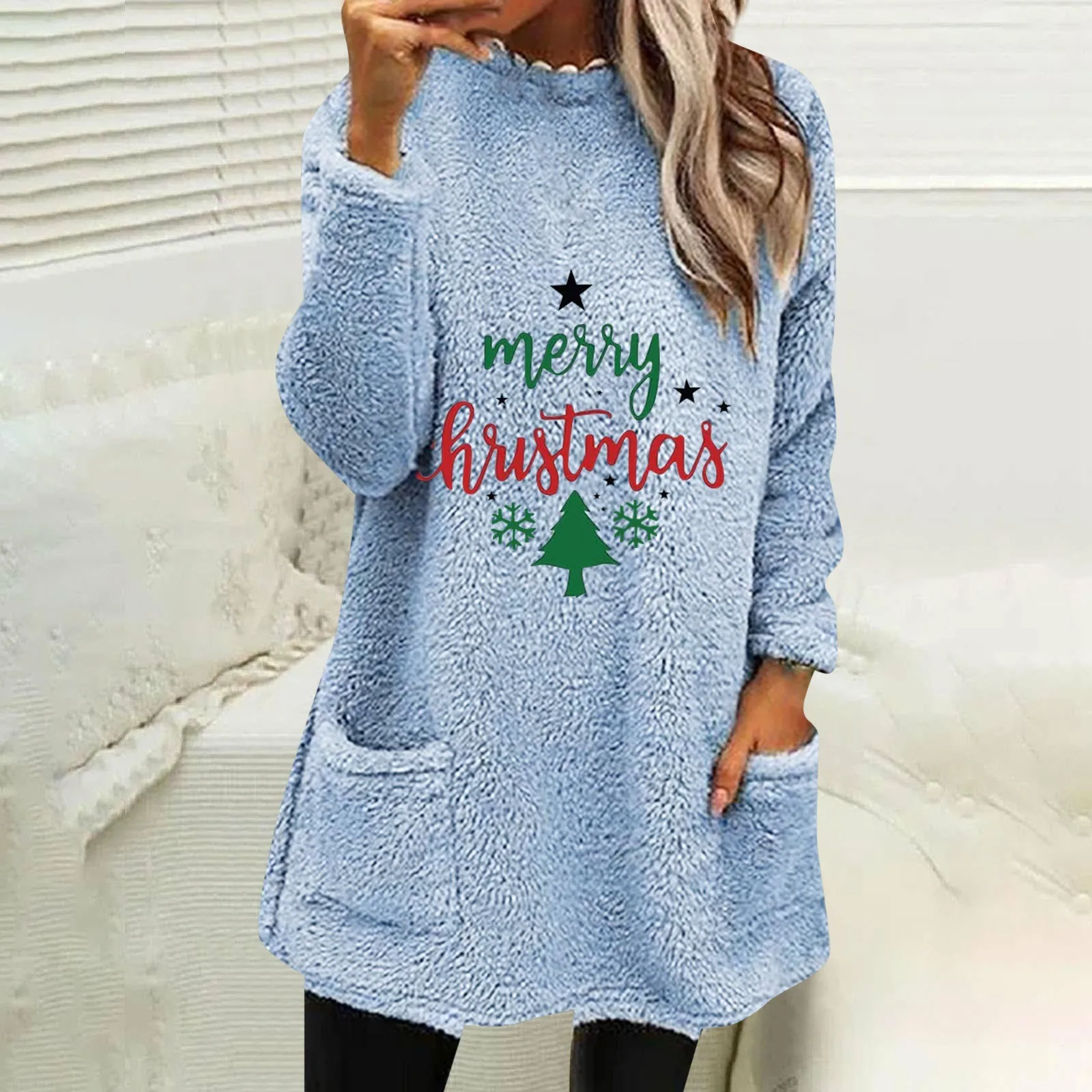 

Fluffy Christmas Hoodie Women Autumn Winter Fleece Thicken Xmas Tree Printed Round Neck Pullovers Loose Thermal Long Sweatshirts