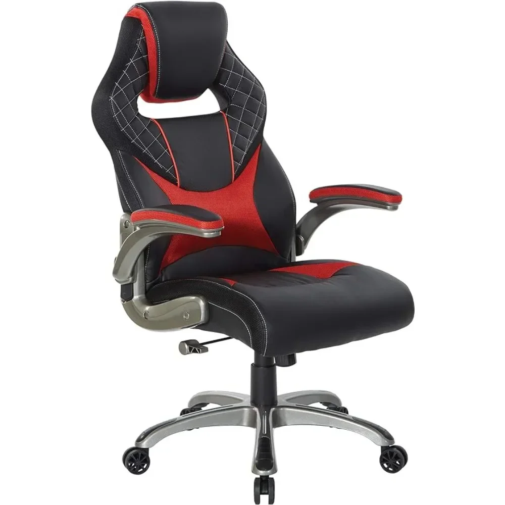 Ergonomic Adjustable High Back Faux Leather Gaming Chair With Thick Padded Coil Spring Seat and Padded Flip Arms Office