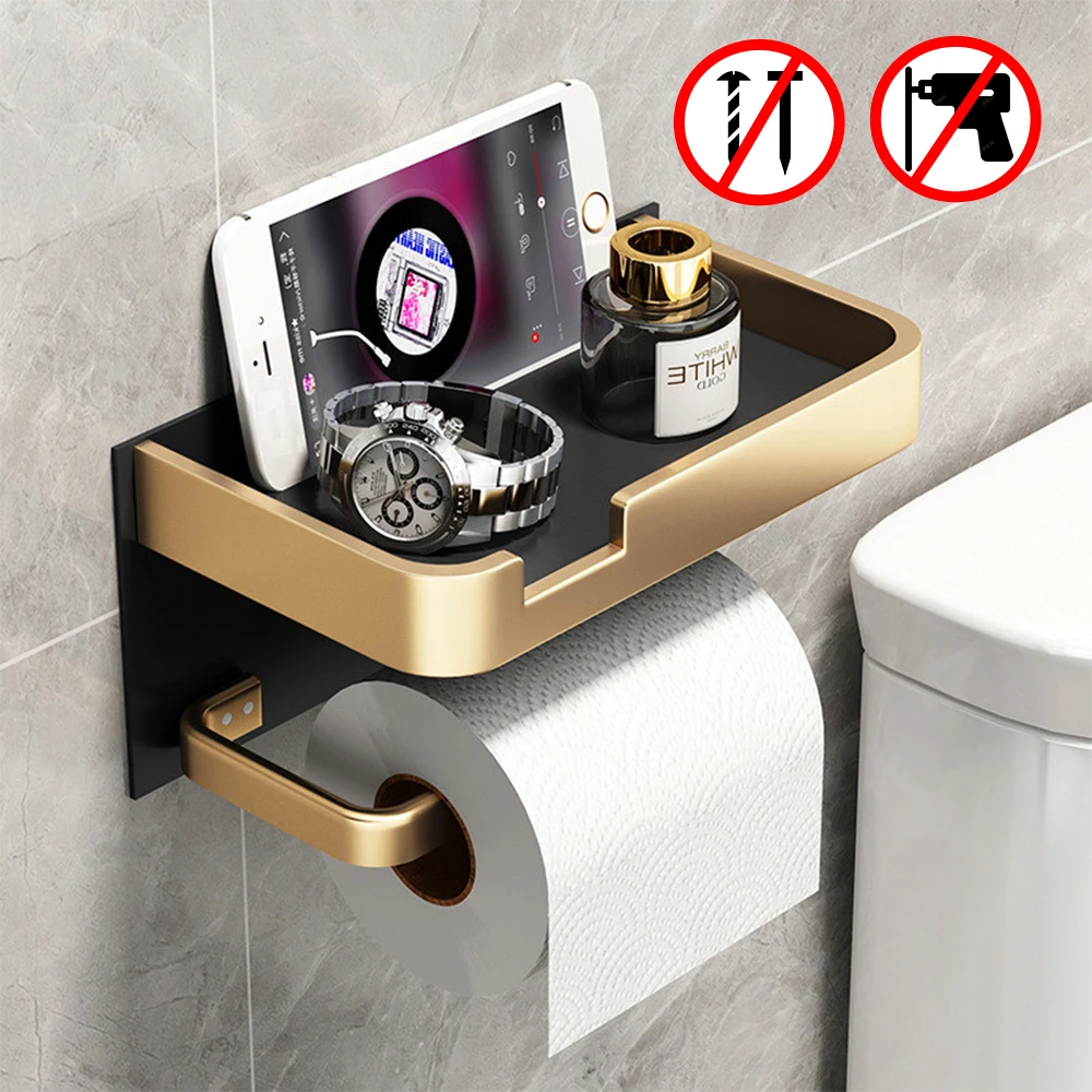 Porte-rouleau de papier toilette en aluminium, noir et or, espace sans poinçon, porte-rouleau en aluminium, porte-téléphone, boîtes à mouchoirs, accessoires de salle de bains support papier toilette