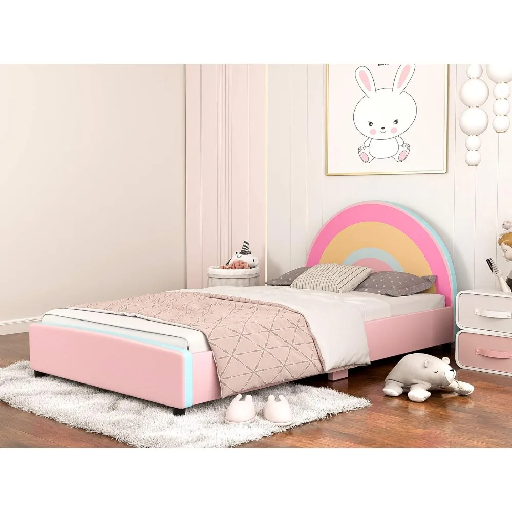 Twin Size Kids Bed Frame, Children Upholstered Twin Platform Bed Frame with Curved Headboard, Pink Princess Twin Bed Frames