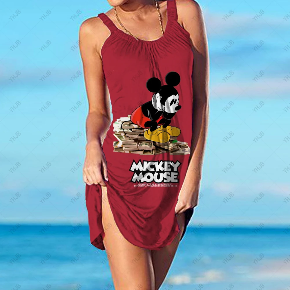 

2022 Disney Minnie Mouse Ladies Summer Beach Dress Sexy Cartoon Print Sling Loose Beach Dress Summer Beach Holiday Sundress