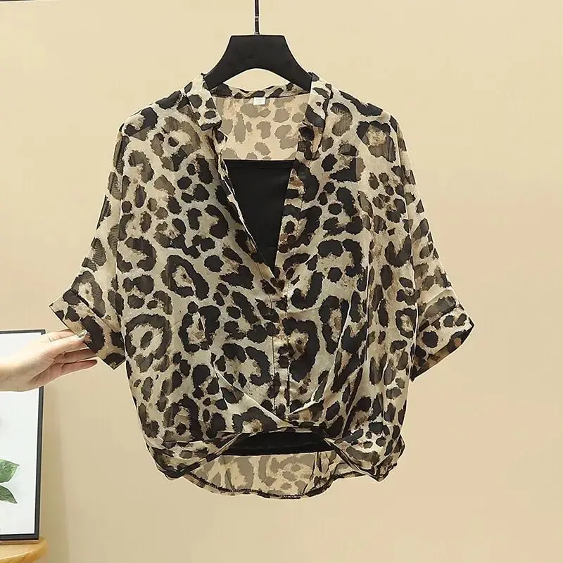 2025 Blusas Mujer De Moda Chiffon Shirts Sets Fashion Sexy Leopard V-neck Blouses Tunic Vest Suit Temperament Summer Loose Tops