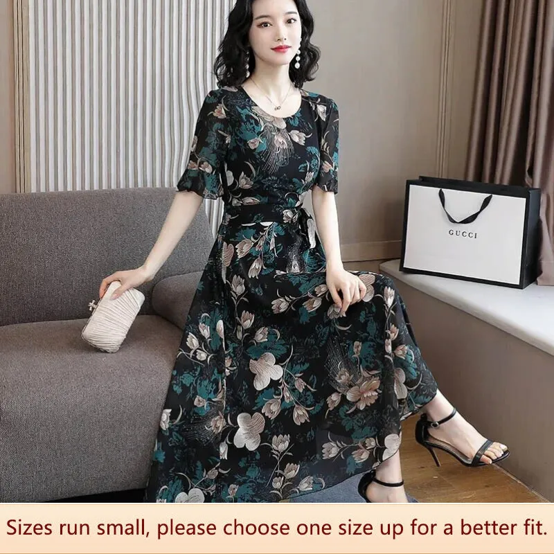 summer new retro temperament a word Slim round neck short-sleeved dress