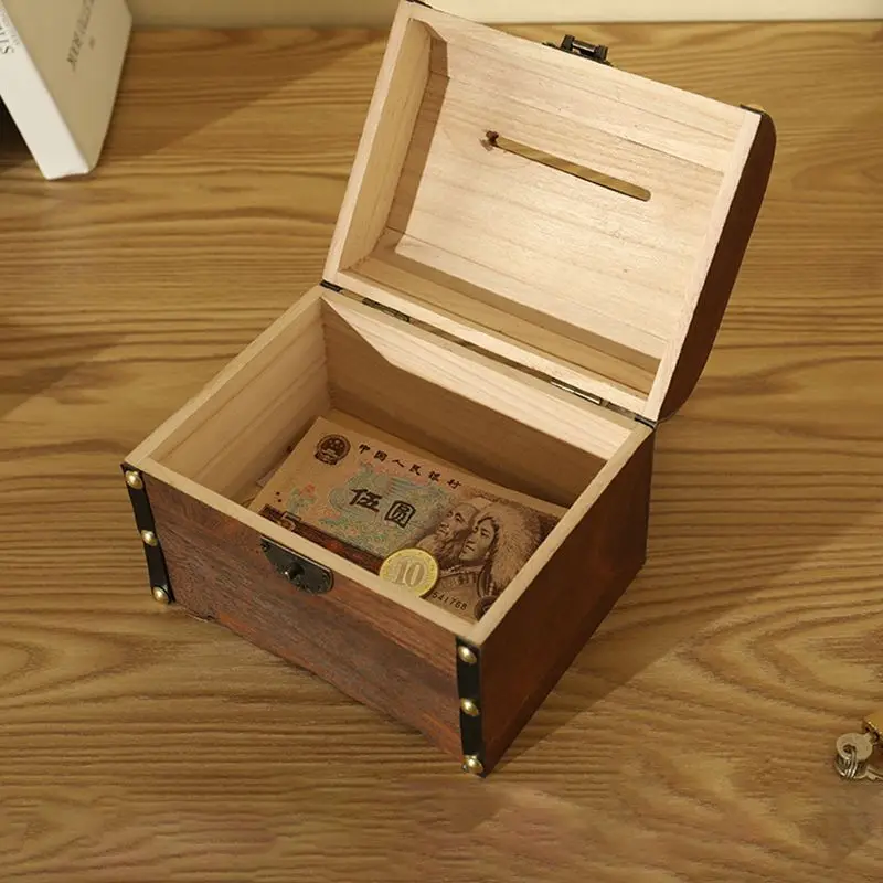 Piggy Bank Wooden Piggy Bank Coin Bank Coin Holder Wooden Money Box Cash Box Safe Box Treasure Box 1PC Wooden Retro Treasure Chest Piggy Bank Decorative Box With Lock, Coin, Banknote Storage Box Safe Money Gift