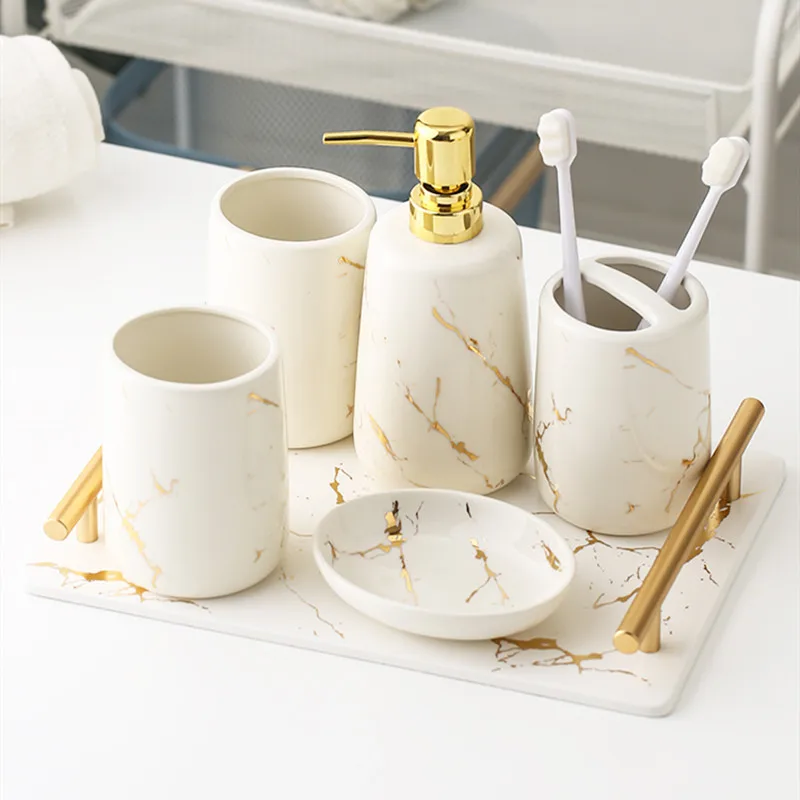 

Ceramic Bathroom Accessories Set Washing Tool Marble Stripes Soap Dish Toothbrush Holder Storage Tray Liquid Soap Dispenser