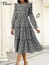 

Celmia Ruffles A-line Long Vestidos Elegant Lady Pleated Long Puff Sleeve Leopard Printing Midi Dress Casual Women Holiday Robes