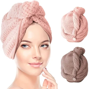 1 pz asciugamano per capelli avvolgente, asciugamano per asciugare i capelli con bottone, asciugamano per capelli in microfibra, cappello per capelli secchi, cuffia per capelli da bagno