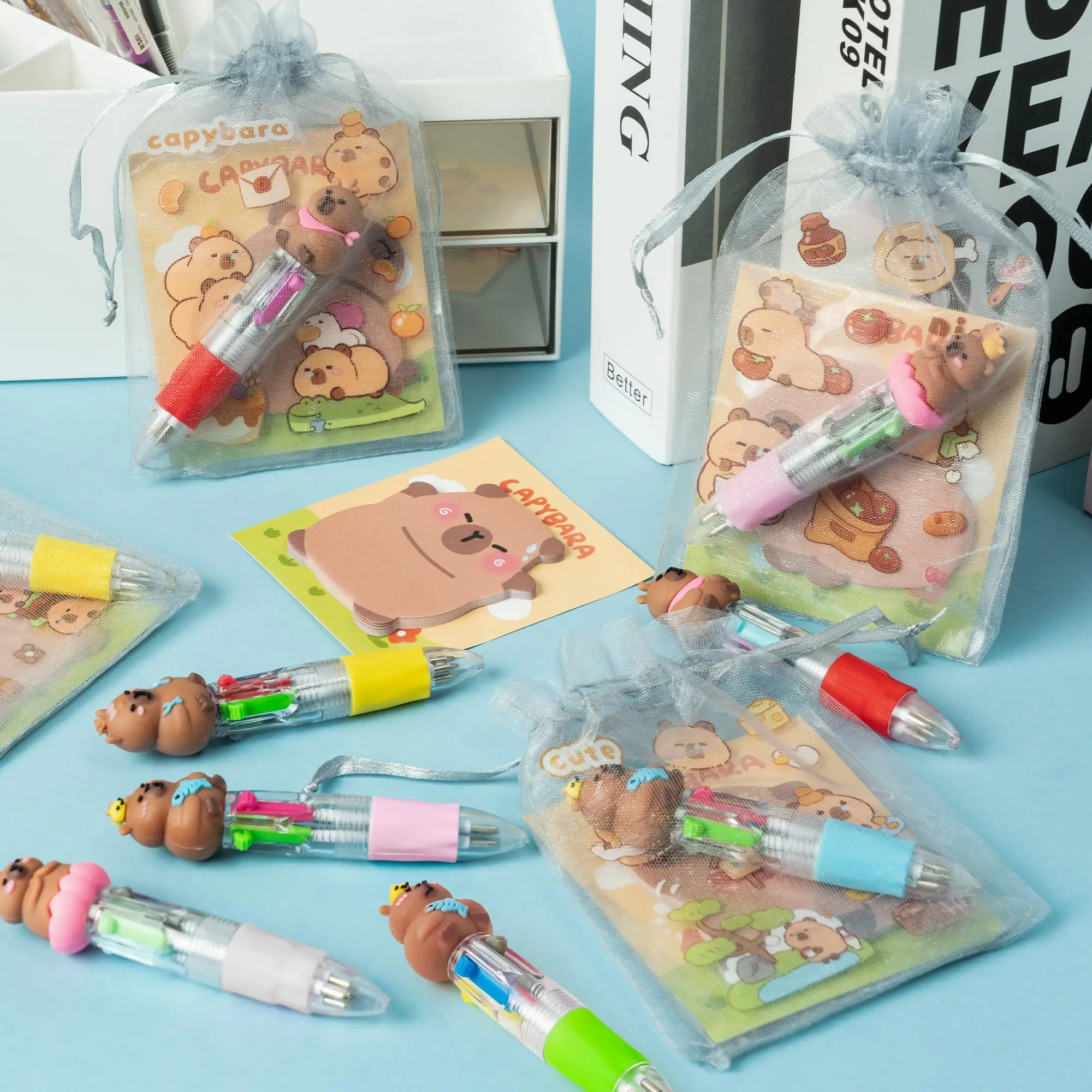 12-48Set Capybara Stationery Party Gift Fun Animal Prizes Set Include 4-in-1 Ballpoint Pens Sticky Note Sticker and Organza Bir