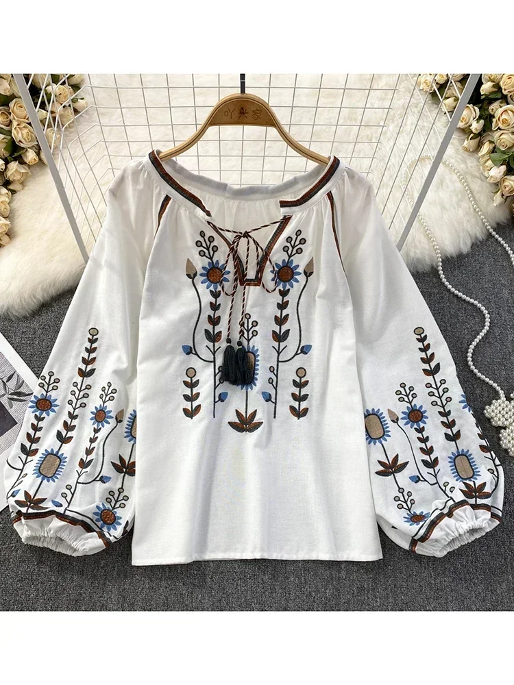 Women Spring Blouse Ethnic Style Retro Literature Loose