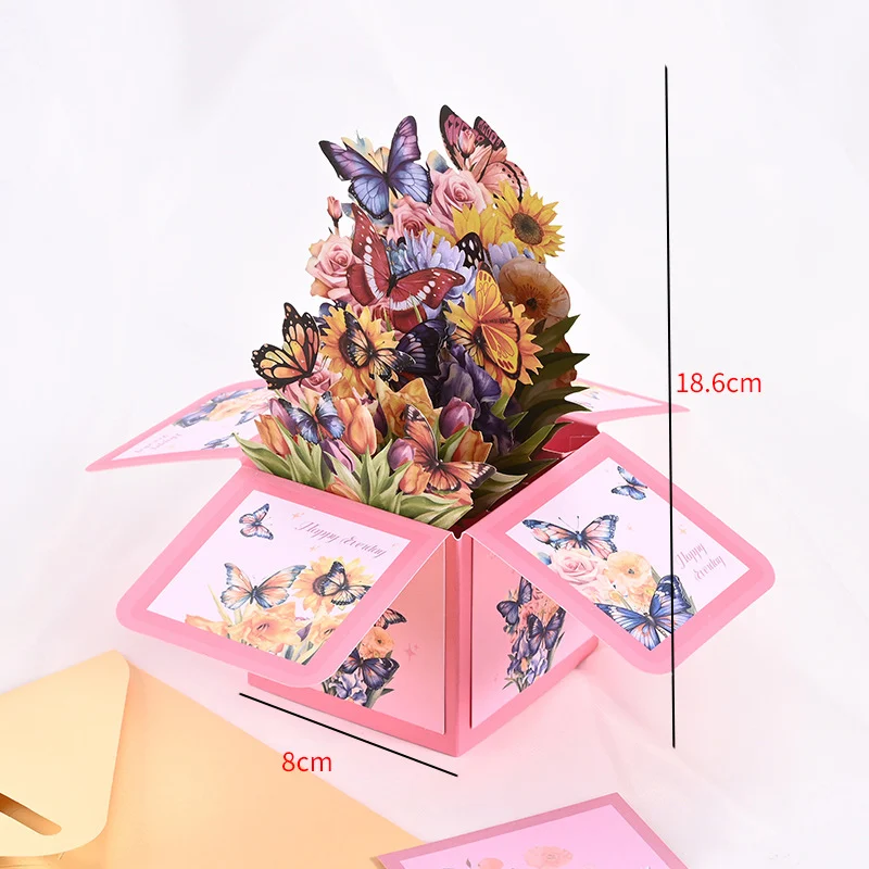 3D 팝업 생일 카드 - 어떤 사람에게나 적합한 꽃과 나비 디자인 - 손글씨 메모 기능, 종이 재질