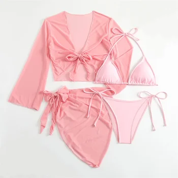Cute Pink Bandage Swimsuit Cover-up Triangle Bikini Thong Halter Swimwear 4-Piece Trend Bikinis Beach Outfit Women Bathing Suits