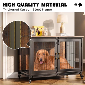 37.5 Inch Furniture Dog Crate with Wheels Pet Puppy Indoor Wooden Kennel with Removable Tray
