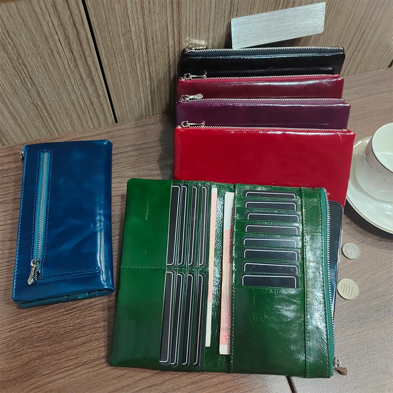 

Retro Waxed Genuine Cow Leather Bil-fold Long Wallet Women Solid Color Back Zipper Pocket Clutch Purse Card Holders Money Bag