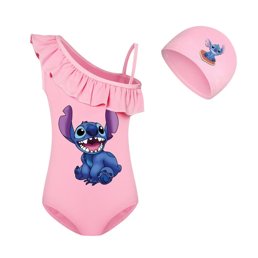 New Kids Boys Swimwear Cartoon Stitch Baby Girls Swimsuit Swimming Cap Set Children Movement Outfit Toddler Clothes Pajama Tops