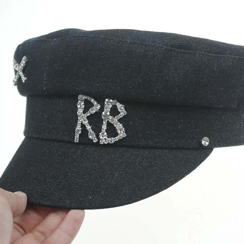 Winter Autumn Women's Hats Shiny Rhinestone Letters Military Hats Hundred Cowboy Fashion Octagonal Hat