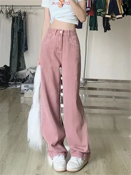 Y2k Pink High Waist Causal Wide Leg Jeans Women Straight 2024 New Spring Straight Leg Loose Fitting Slimming American Denim Pant 1