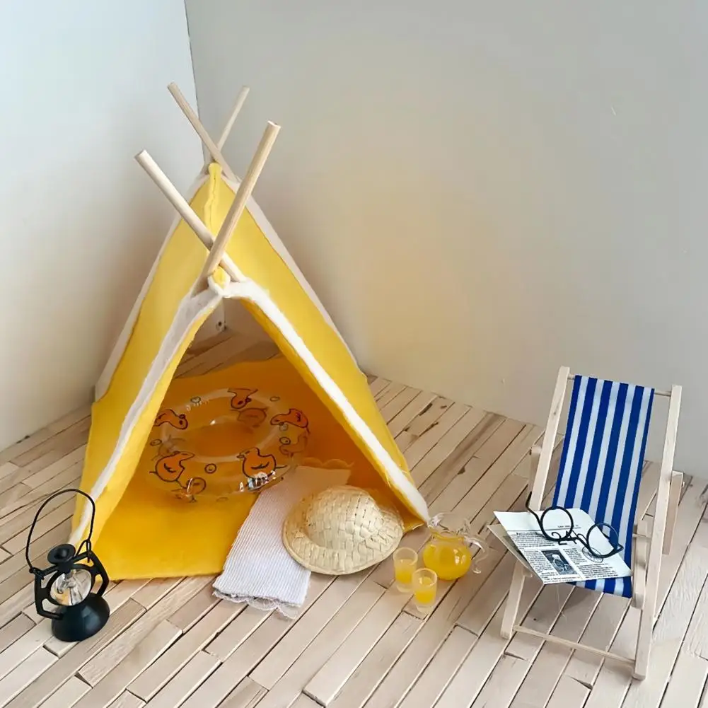 인형 집 캠핑 액세서리 인형 집용 소형 캠핑 텐트 입상 세트 인형 집용 현실적인 1/6 스케일 모델