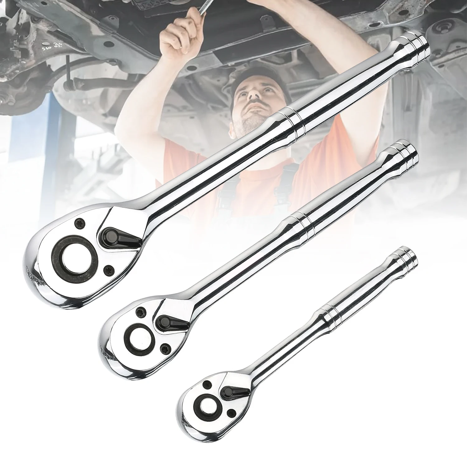 3-teiliges Set 1/4" 3/8" 1/2" Antriebs-Ratschenschlüssel-Kit, 3-teiliges 72-Zahn Schnellverschluss-Umkehr-Ratschenset – Detail 1