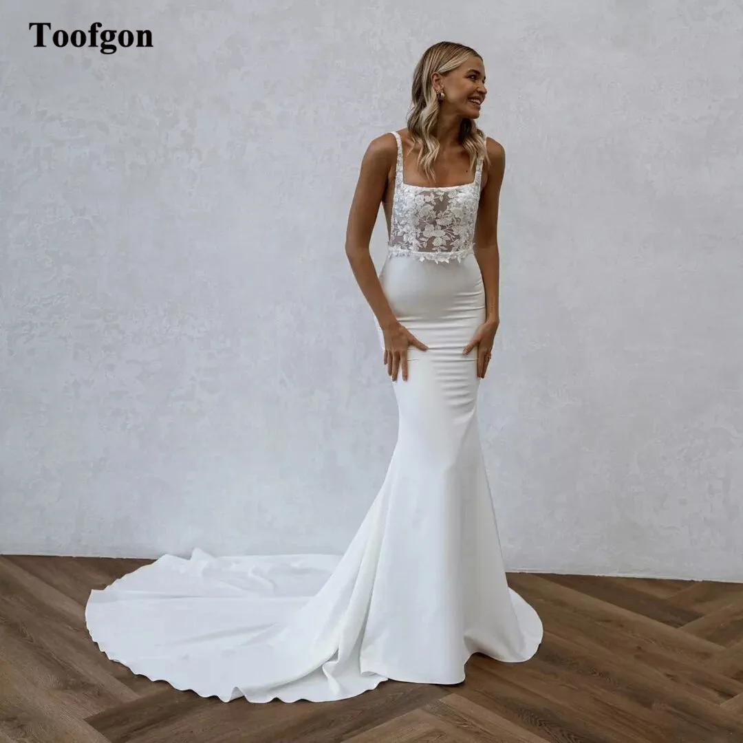 

Toofgon Fishtail Matte Satin Bride Wedding Dresses Mermaid Lace Women Bridal Gowns Transparent Top Formal Party Wedding Gowns