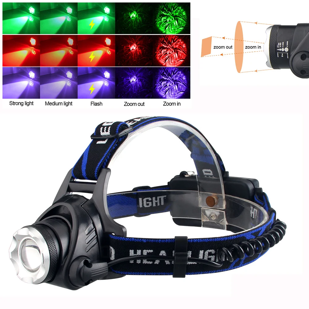 

red/green/purple Outdoor tactical headlight torch 3 Modes XPG zoomable LED headlamp portable hunting fishing light lantern+18650