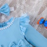 0-18M Baby Dress With Headband Long Sleeve Blue Flower Dress Infant Party Dresses Bow Floral Mesh for Newborn Birthday Party 6