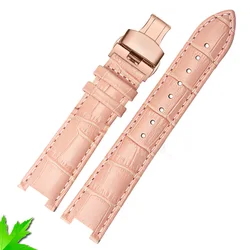 Cowhide Leather Strap Concave Watchband with Calfskin Bracelet and Butterfly Buckle - 18x10mm (Pink rose buckle)