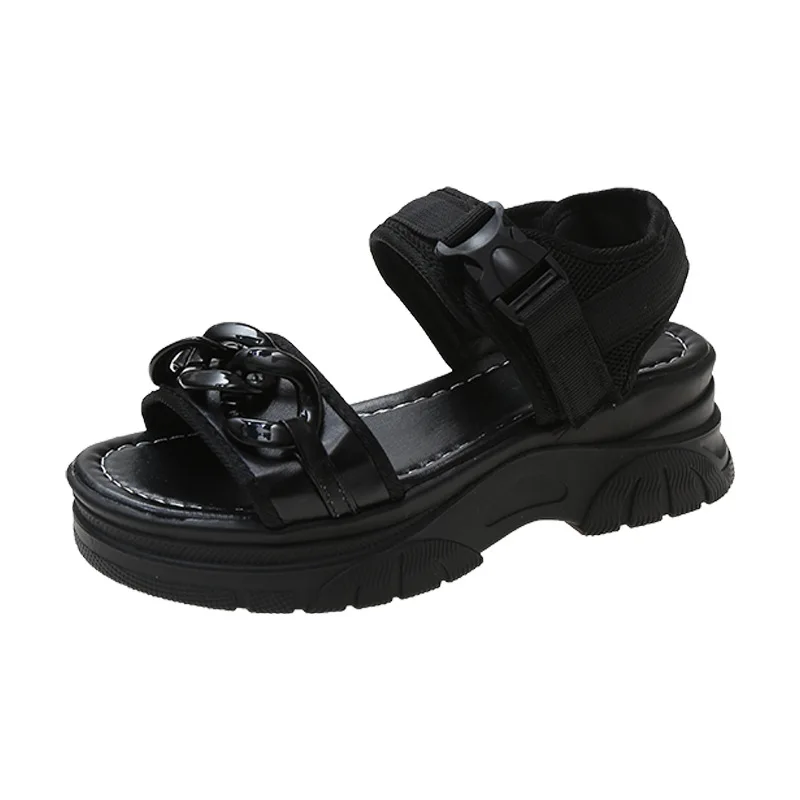 Women's Athletic Velcro Black Flat Sandals, CN39 Black PU Leather