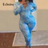 Echoine Womens Sexy printing Home Onesies Jumpsuit Sleepwear long Sleeve V Neck Bodycon Bodysuit Romper trousers pajamas 4
