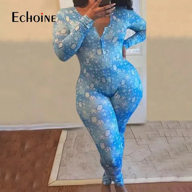 Echoine Womens Sexy printing Home Onesies Jumpsuit Sleepwear long Sleeve V Neck Bodycon Bodysuit Romper trousers pajamas 4