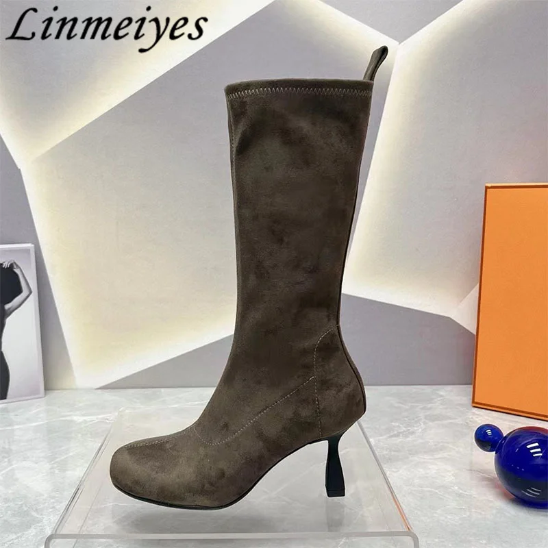 

New High Heels Knee-High Boots Women Round Toe Slip-On Thin Heels Gladiator Shoes Female Kid Suede Walk Show Long Boots Woman