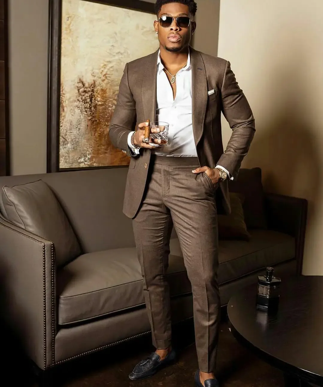 2024 Fashion Brown Casual Men Suits Tuxedo High Quality Slim Fit Jacket Pants For Men Custom Business 2 Piece Set Costume Homme