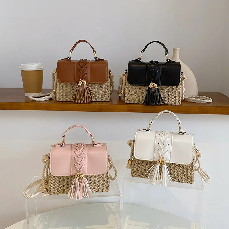 Summer Rattan Straw Square Box Handbag Trendy Fashion Tassel Straw Purse Handbag Beach bag For Ladies