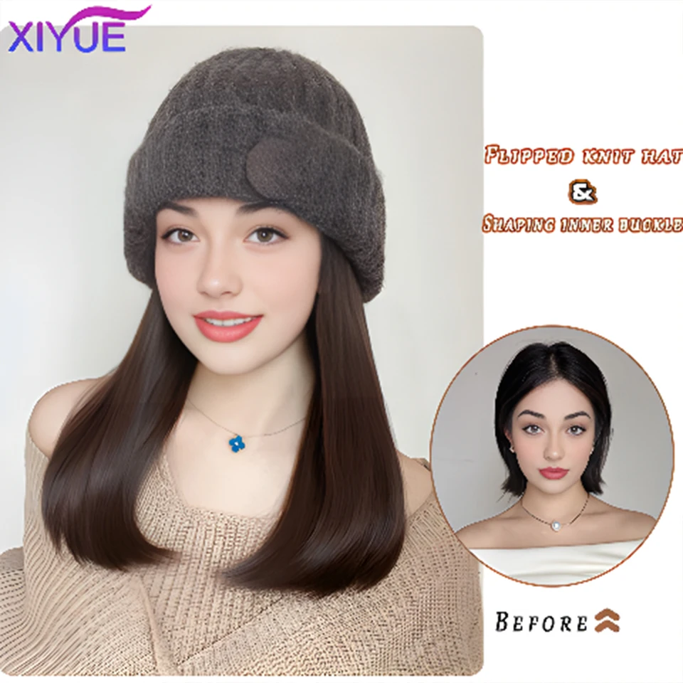 XYFashion Hat Wig Brimless Cap with Long Curly Wave Hair Extensions Knitted Synthetic Removable Hairs Piece for Women Winter Use
