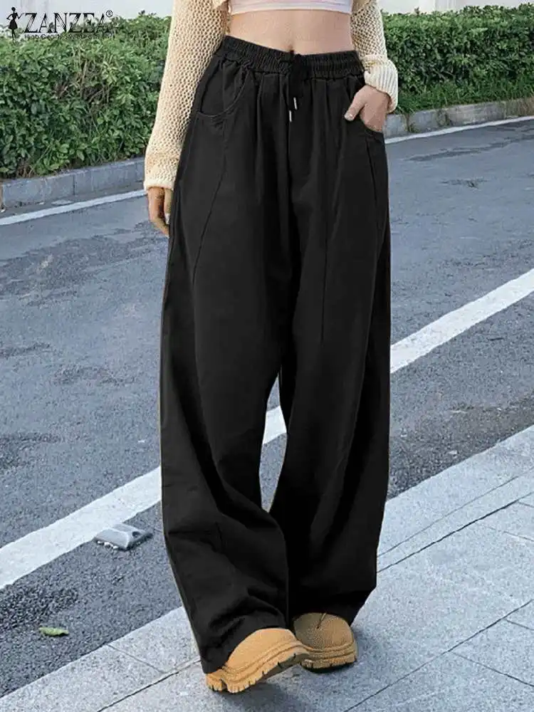 

Streetwear Wide Leg Pant ZANZEA Women Korean Fashion Solid Color Elastic Wasit Long Trouser Casual Drawstring Sweatpant Pantalon