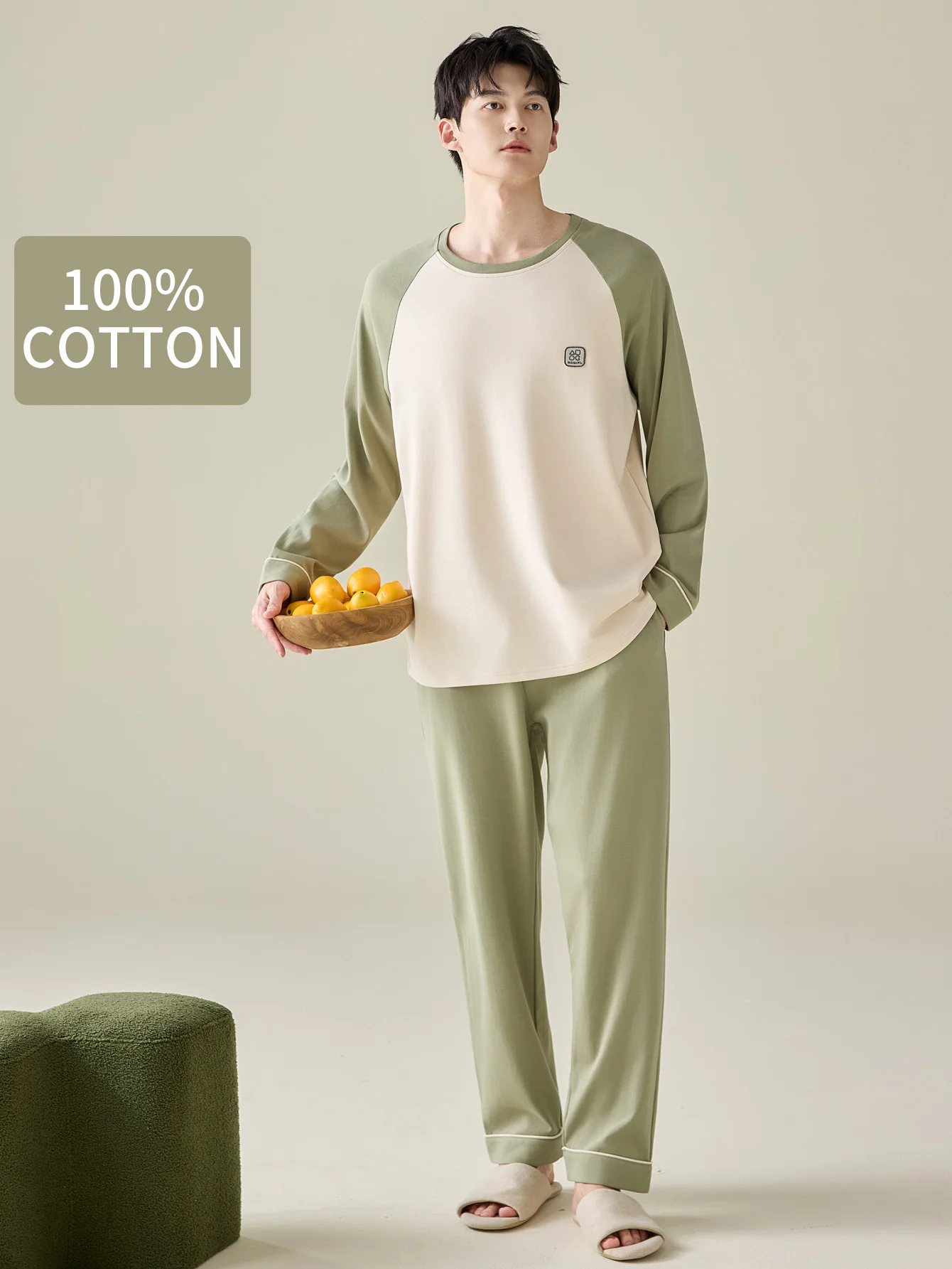 Men's 100% cotton long sleeved four season plus size men's sleepwear, teenage pure cotton home suit set for warmth