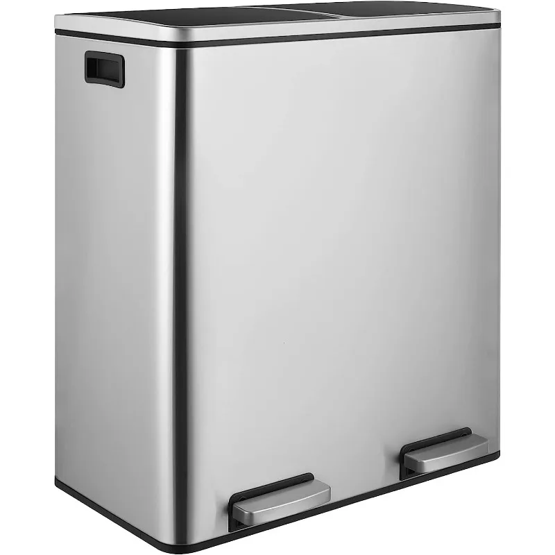 finetones Dual Step Trash Can, 16 Gallon (2&times;30L) Stainless Steel Garbage Can 2 Soft-Close Lid and 2 Removable Inner Wastebasket