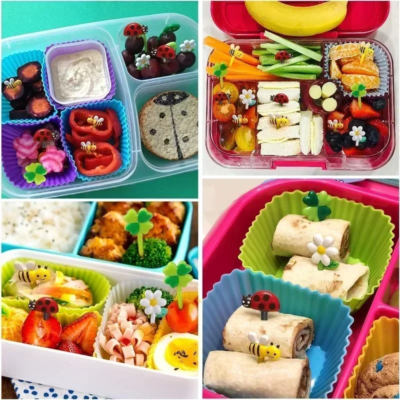 Food Picks Lunch Bento Box Accessories Fruit Food Picks Silicone Cups Lunch Box Dividers and Multi-Purpose Silicone Wrap Bands for Kids