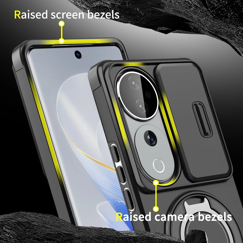 ELVEV Magnetic Shockproof Phone Case with Rotating Ring Bracket - Hard PC + Soft TPU