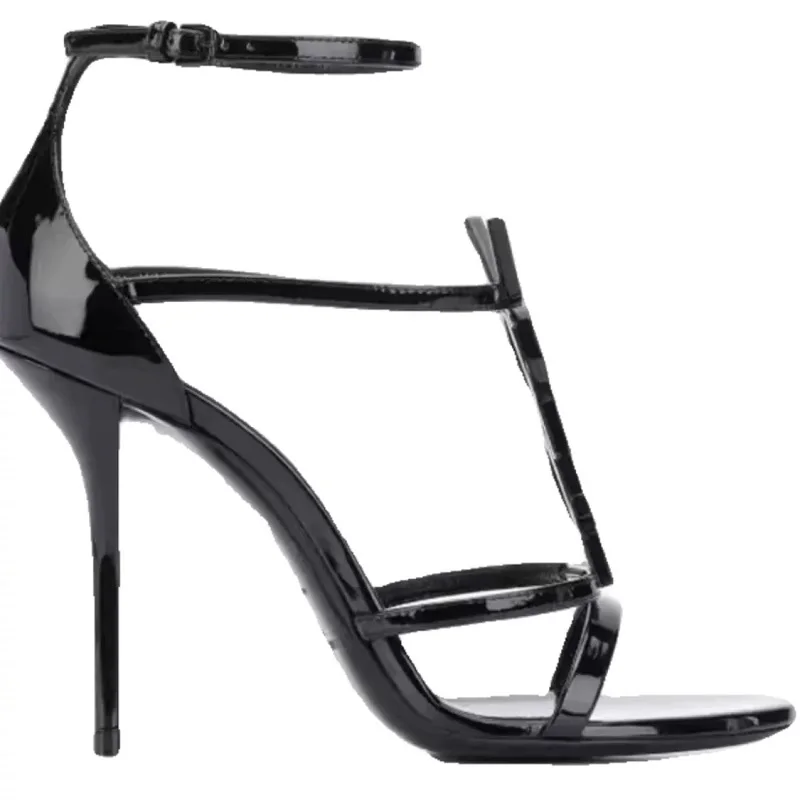 Black high-heeled sandals women's 2024 summer new French sexy letter buckle thin-heeled open-toed high-heeled women's shoes 6