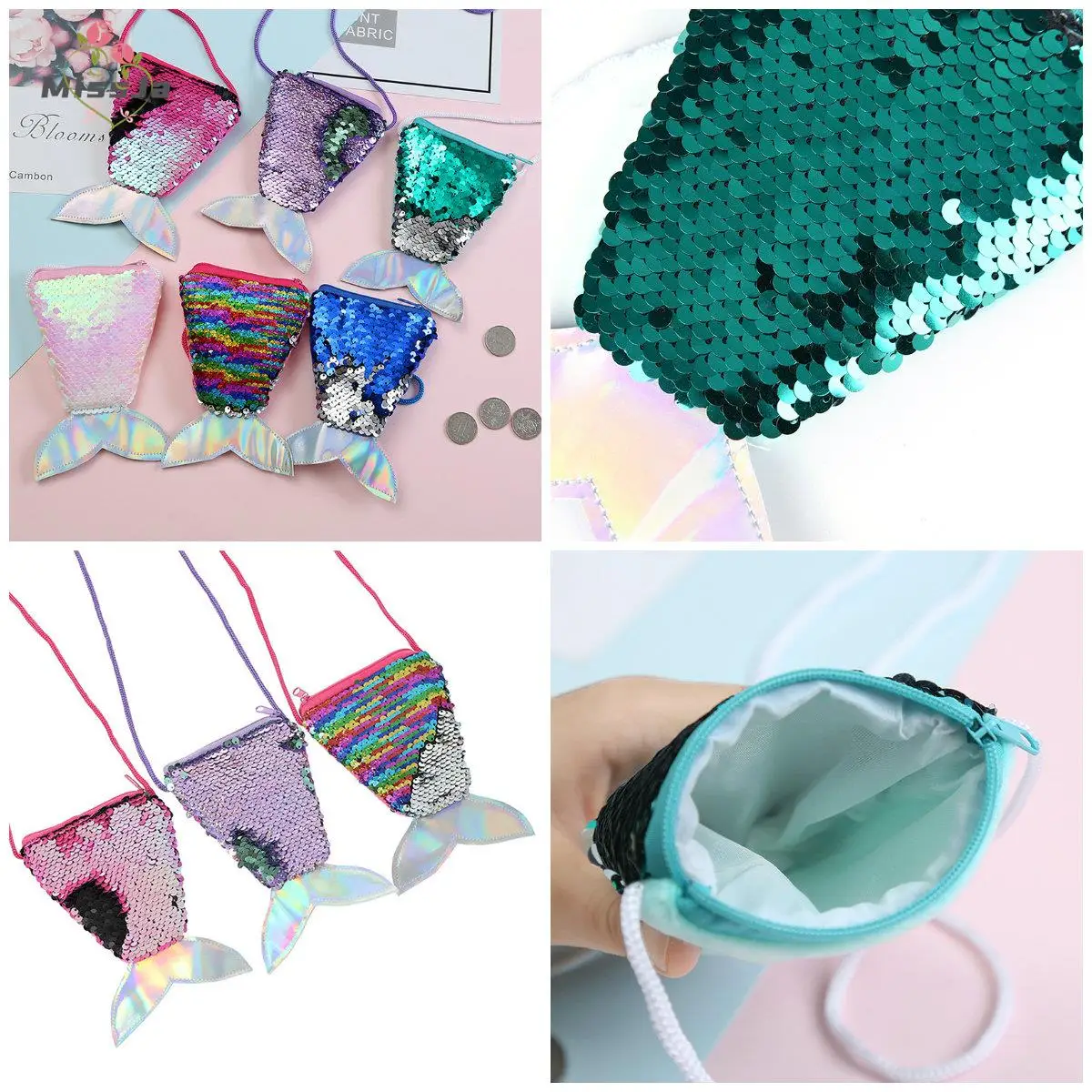 For Kids Gifts Girls Mermaid Tail Sequins Coin Purse Crossbody Bags Sling Money Change Card Holder Wallet Purse Bag Pouch