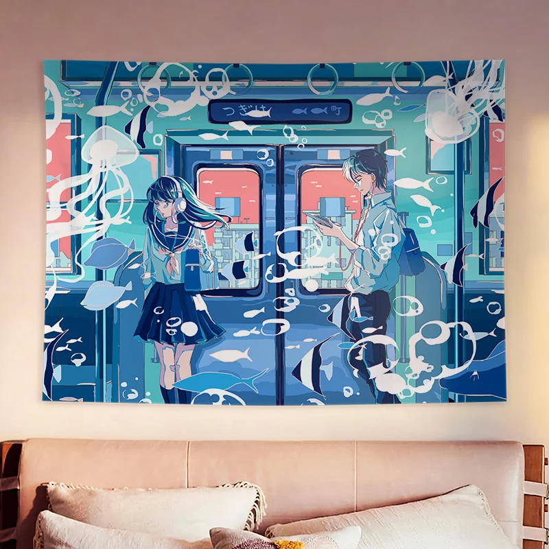 Japanese Hand-painted Illustration Printed Tapestry Cartoon Anime Whale City Landscape Tapestry Wall Hanging Kawaii Room Decor tapestry decor anime wall decor