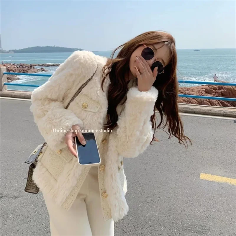 Thickened Little Fragrant Wind Lamb Wool Coat Female 2023 Autumn and Winter New All-in-one New Wear Plush Loose Shirt Ins Tide