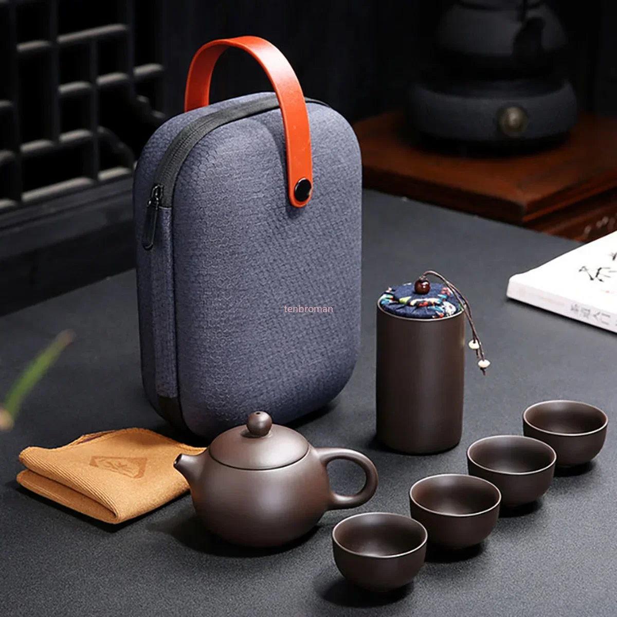Ceramic Kung Fu Tea Sets, Chinese Portable Teapot, 4 Cups Clay for Camping Travel, Zisha Tea Things, 5Pcs
