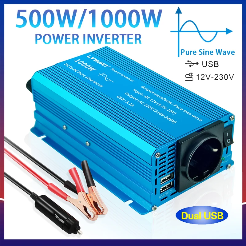Pure Sine Wave DC 12V To AC 230V 1000W/1500W/2200W 50Hz/60Hz Car Power Inverter With 4.2A Dual USB Charging EU/Universal Socket