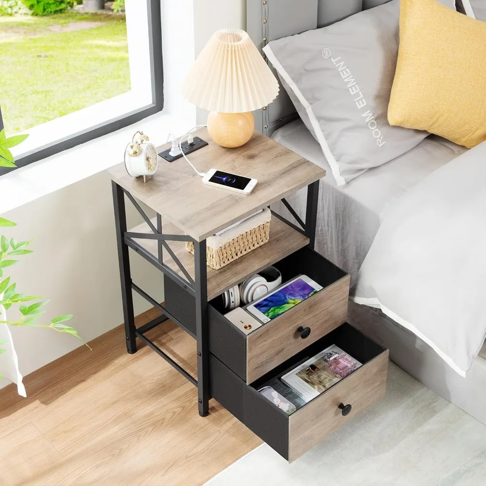 Night Stand Set 2, Nightstand with Charging Station, End Tables Living Room with USB Ports and Outlets 4